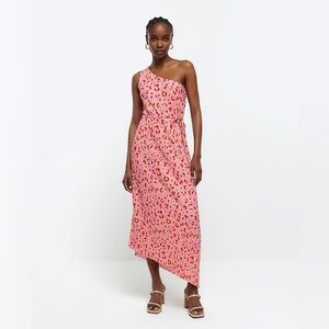 River Island Pink Leopard One Shoulder Plisse Maxi Dress NWT Women’s Size 10
